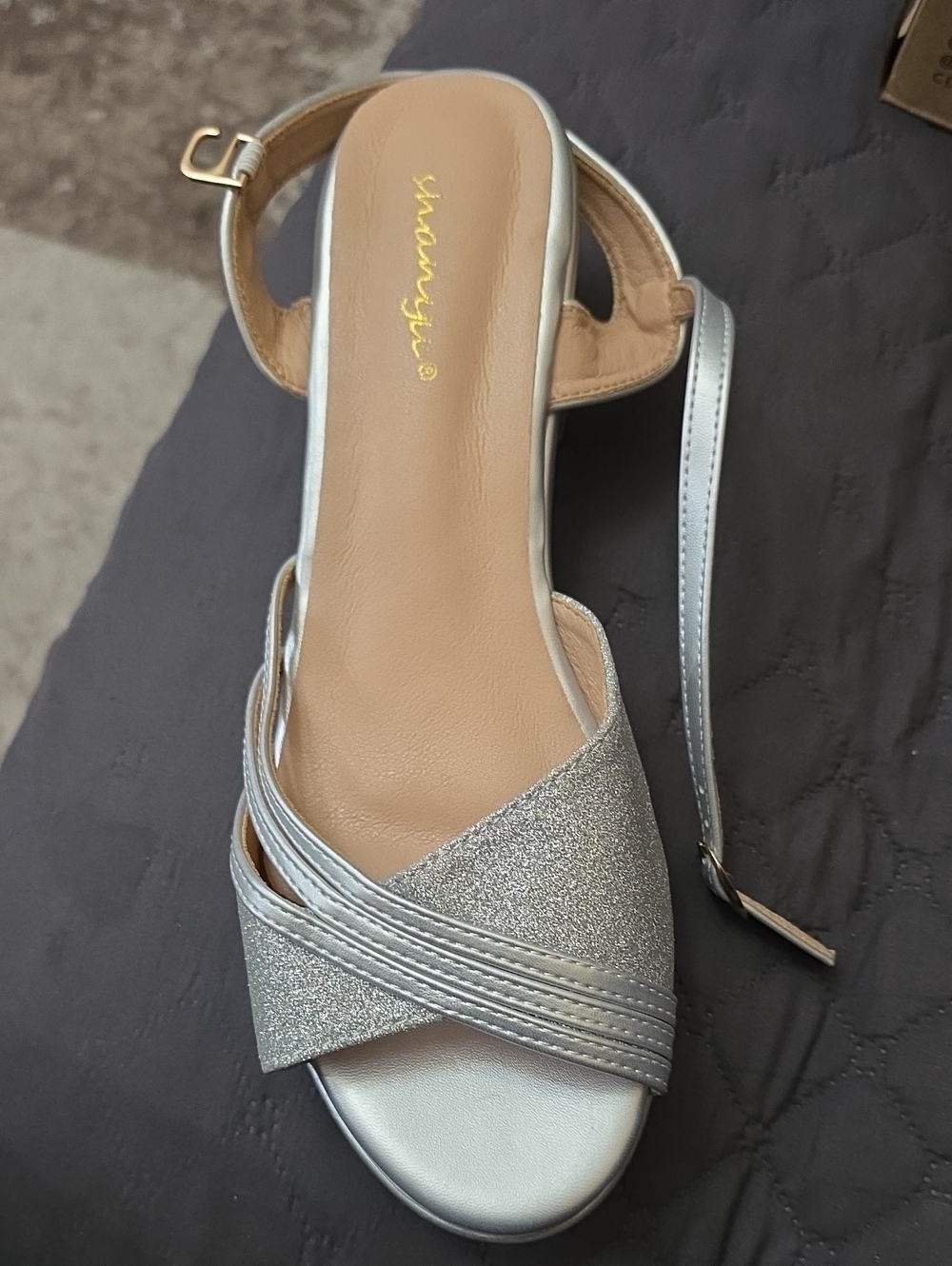 SHAN Silver Glitter Crossover Ankle-Strap Sandal